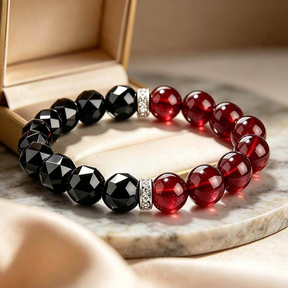 Men's Glossy Red Garnet & Obsidian Beaded Bracelet — Daily Wear